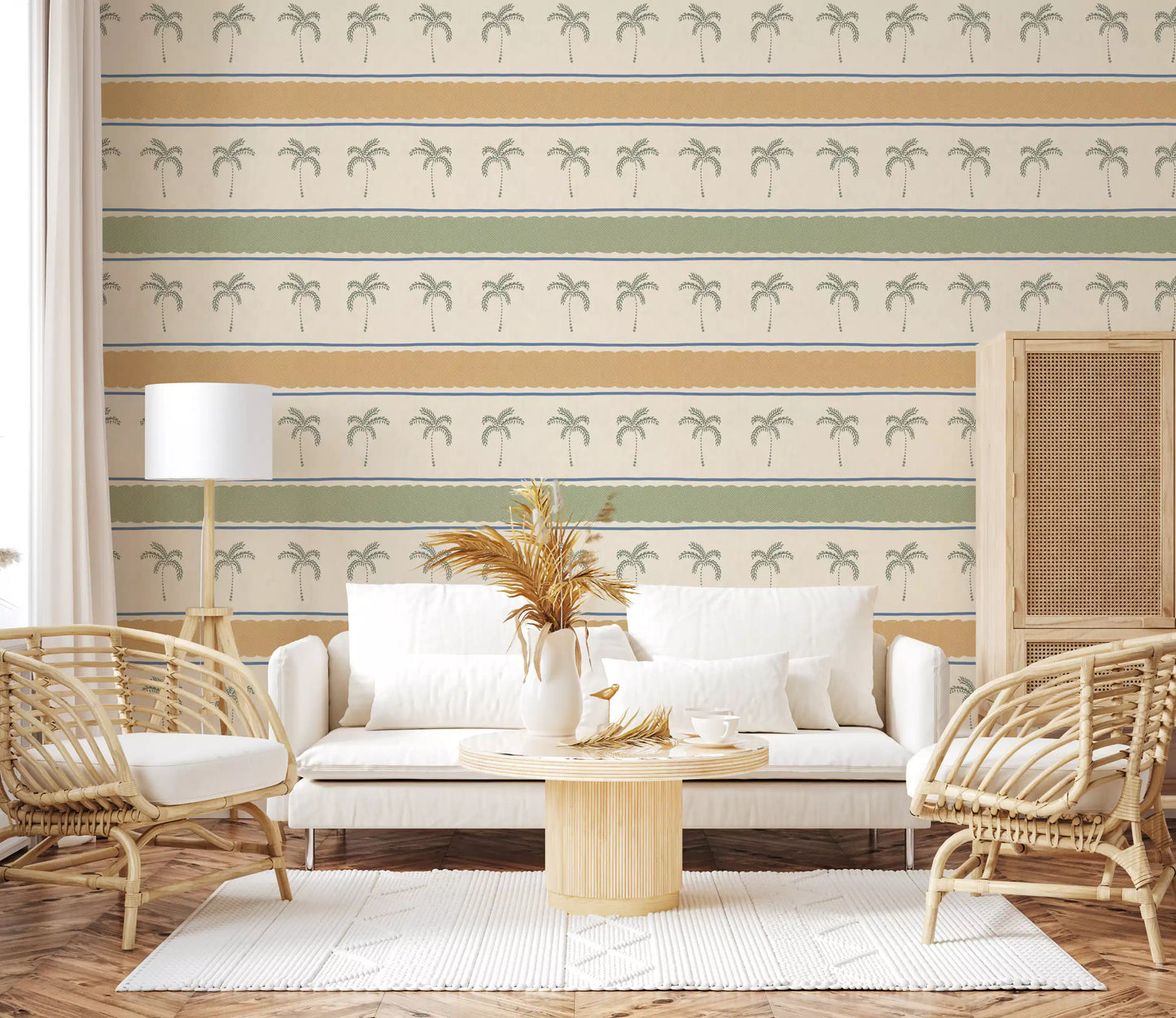 Honey-and-sage living room with Marrakesh Orizzontal striped wallpaper, palm rows.