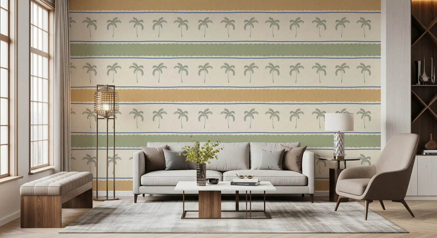 Second living room view with Marrakesh Orizzontal striped wallpaper, palm-row repeat.