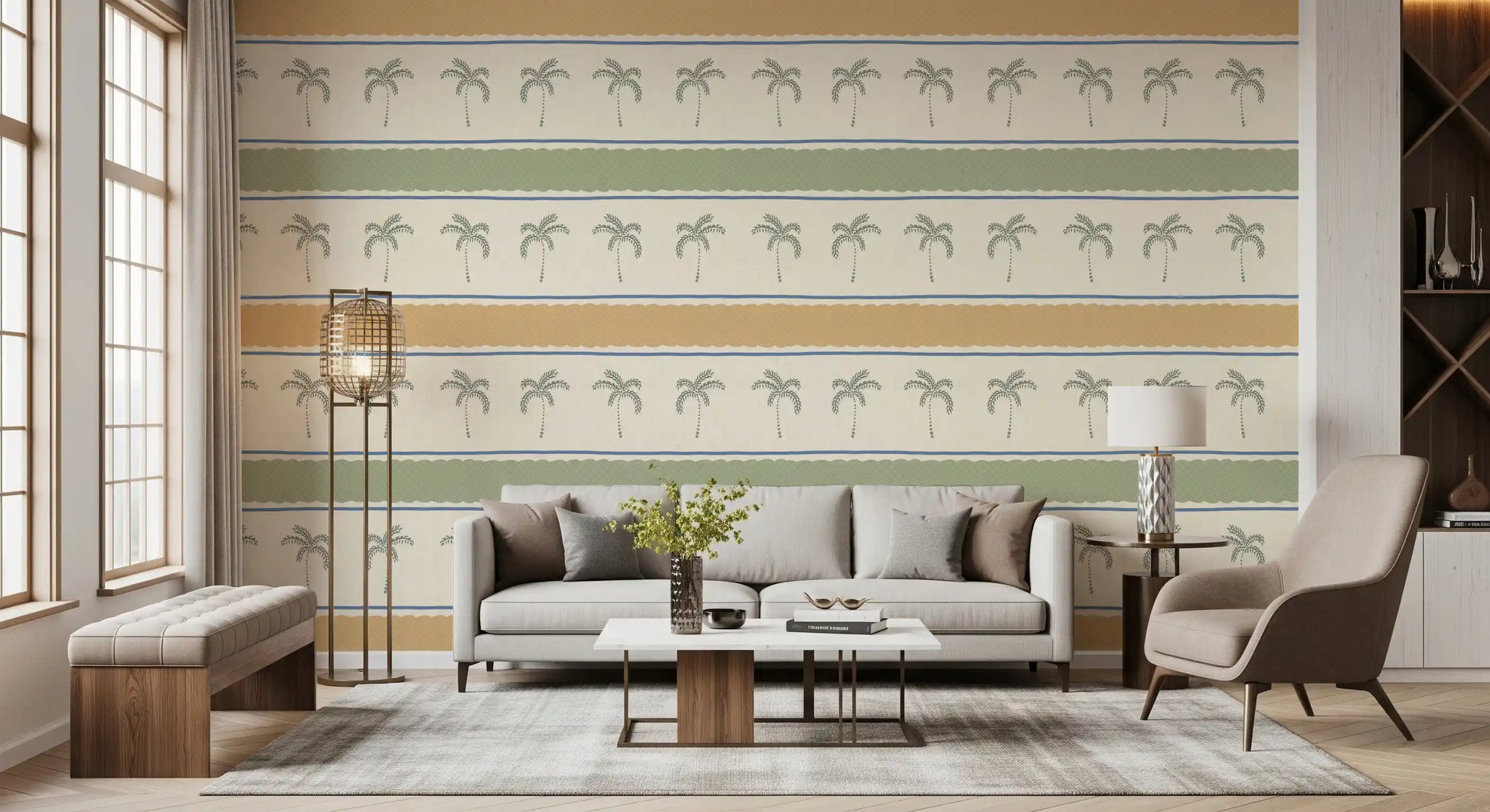 Second living room view with Marrakesh Orizzontal striped wallpaper, palm-row repeat.