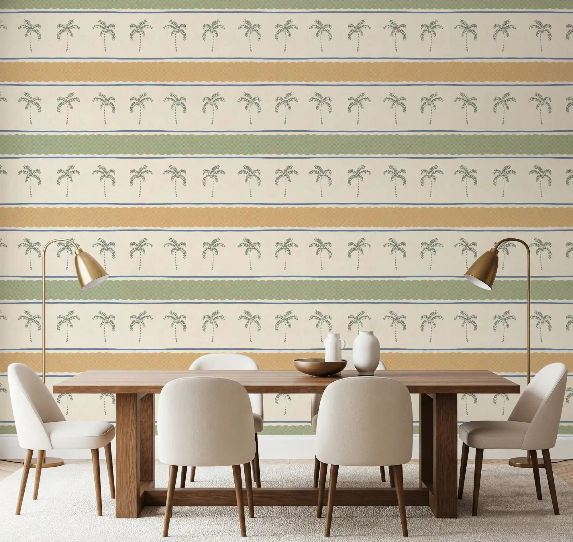 Long dining room scene with Marrakesh Orizzontal striped wallpaper, horizontal palm rows., GD9664