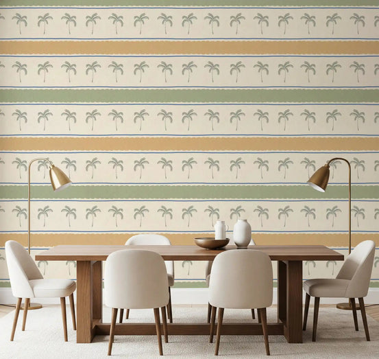 Long dining room scene with Marrakesh Orizzontal striped wallpaper, horizontal palm rows., GD9664
