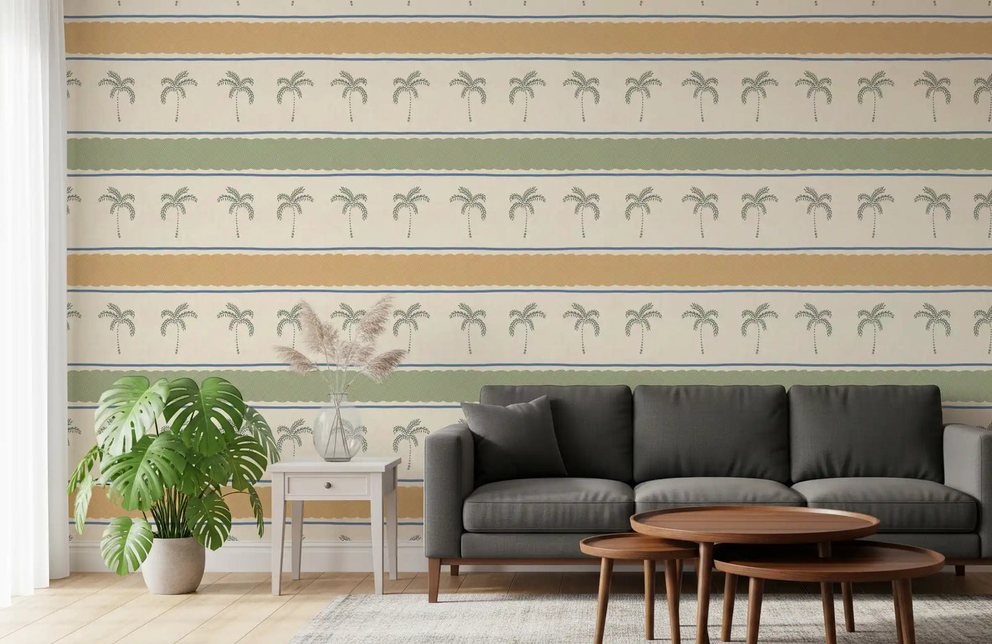 Gold-scallop Marrakesh wallpaper leading another living room with horizontal palm rows.