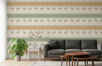 Gold-scallop Marrakesh wallpaper leading another living room with horizontal palm rows.