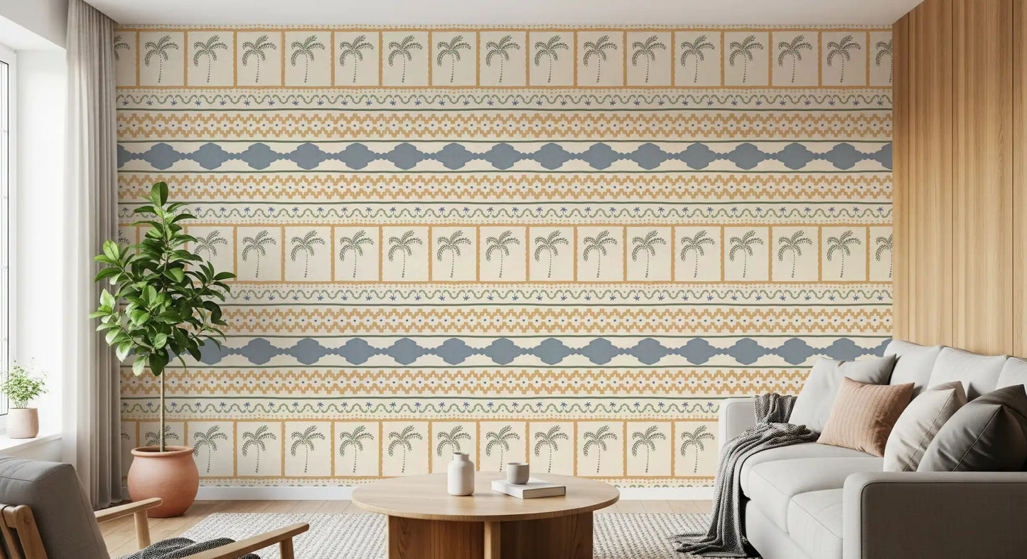 Textile-style Marrakesh ornament wallpaper: zigzag, scallop, palm and dot rows layered., GD9665