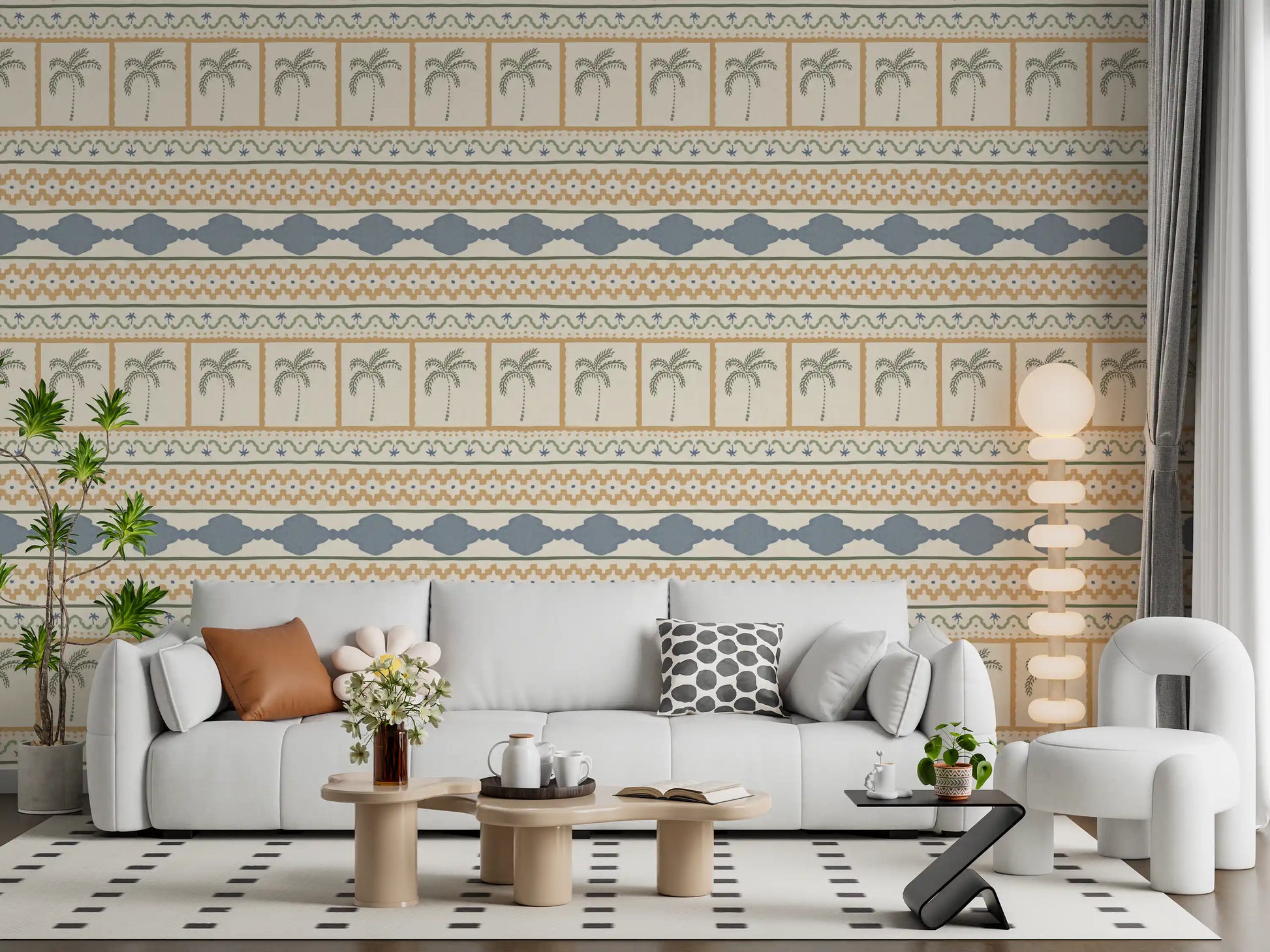 Mid-toned Marrakesh stripe-and-palm wallpaper draping another living room view., GD9665