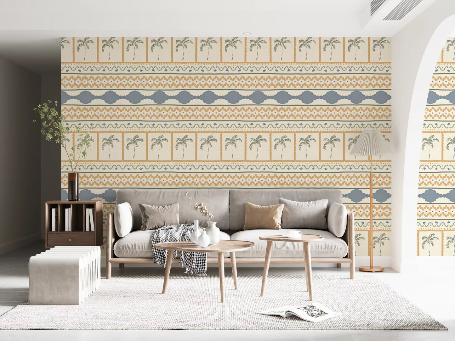 Palm-banded Marrakesh wallpaper setting a relaxed living room in cream and gold., GD9665