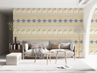 Palm-banded Marrakesh wallpaper setting a relaxed living room in cream and gold., GD9665