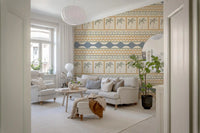Tonal Marrakesh ornament wallpaper enclosing a quiet lounge corner with cream and sage., GD9665