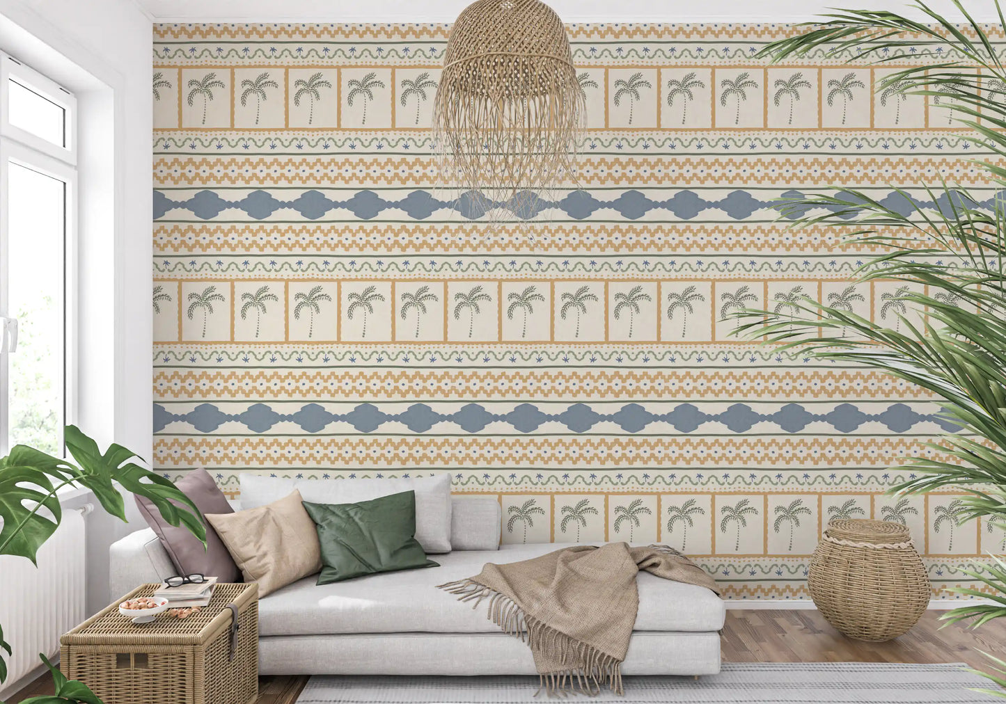 Marrakesh ornament wallpaper echoing Moroccan vibe behind a bright Living room corner set-up., GD9665