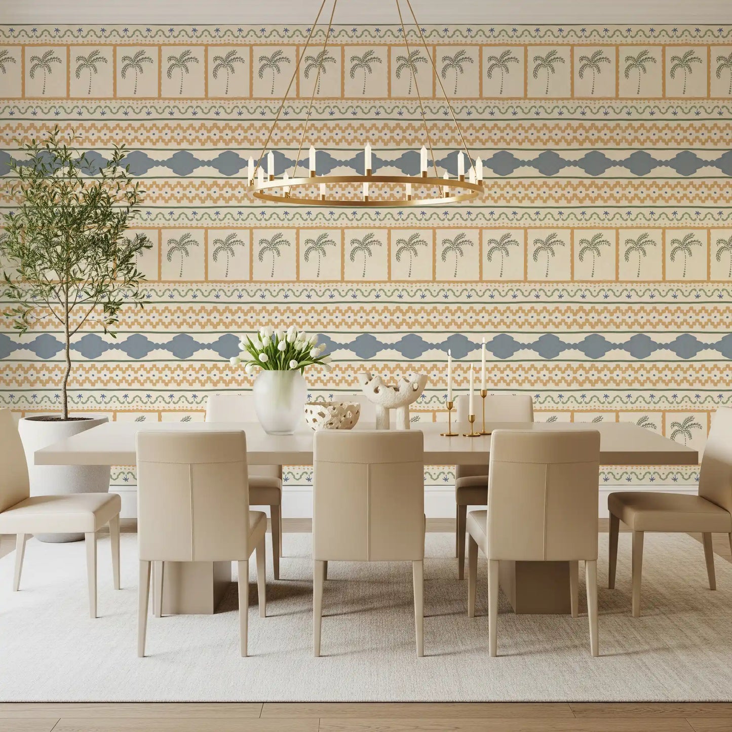 Scalloped slate blue borders frame this Marrakesh ornament wallpaper, multi-layer motif., GD9665