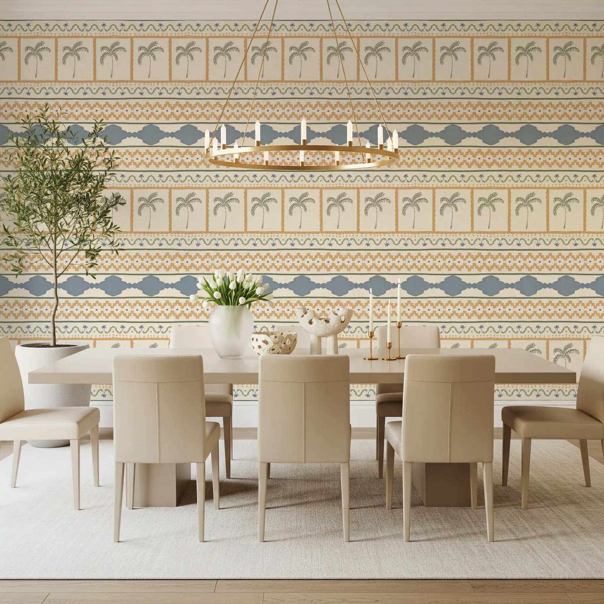 Scalloped slate blue borders frame this Marrakesh ornament wallpaper, multi-layer motif., GD9665