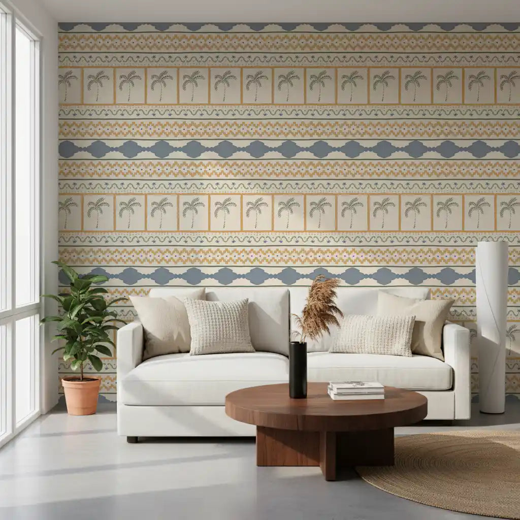 Zigzag mustard rows alternate with scalloped sage waves on a cream Marrakesh wallpaper., GD9665