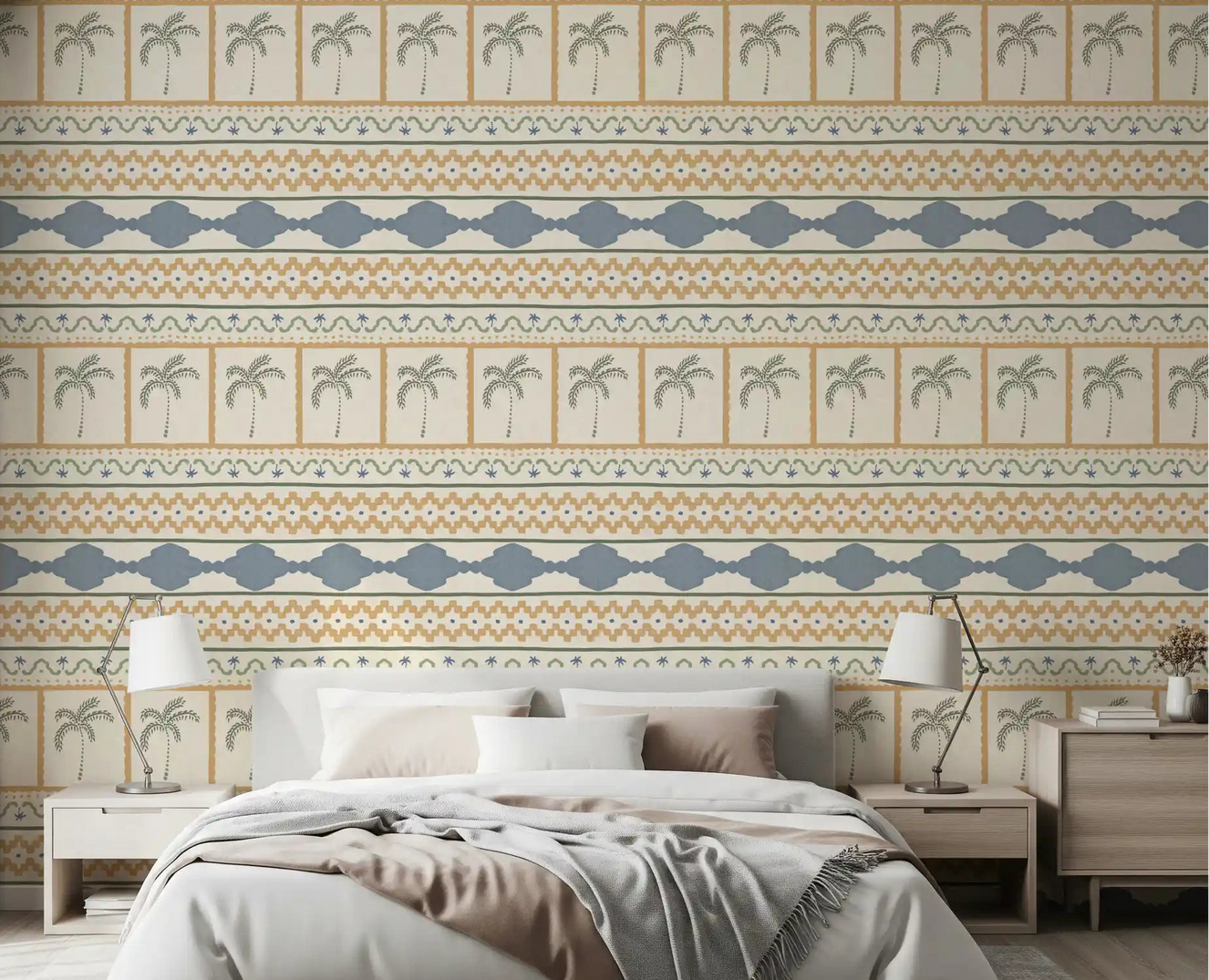 Hand-stamped Marrakesh patterns gracing a serene bedroom feature .