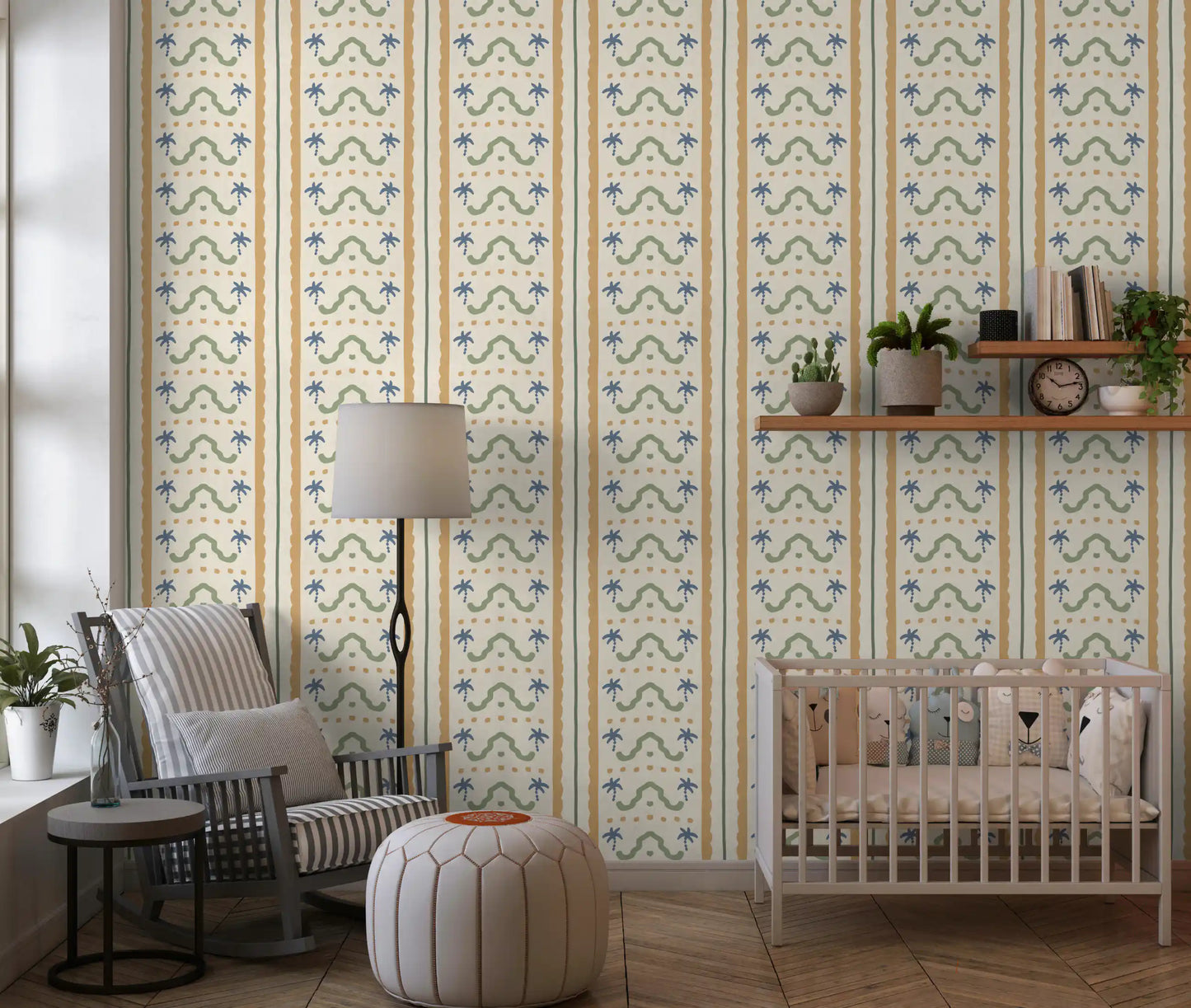 Wide Nursery area angle with Marrakesh striped ornament wallpaper as the main panel.
