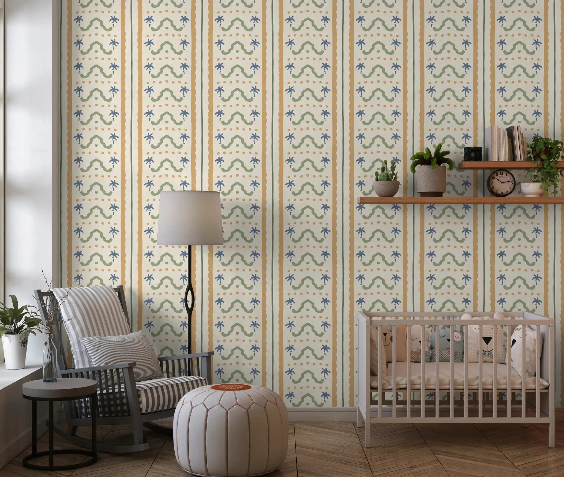 Wide Nursery area angle with Marrakesh striped ornament wallpaper as the main panel.
