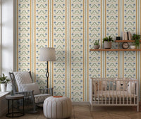 Wide Nursery area angle with Marrakesh striped ornament wallpaper as the main panel.
