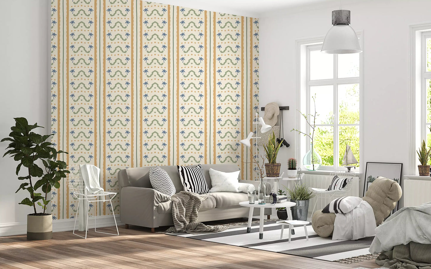 Layered ornament stripe wallpaper turning another living room view, Moroccan-leaning.