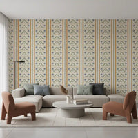 Multi-band Marrakesh wallpaper: gold stripes, sage waves, blue palms on cream linen.