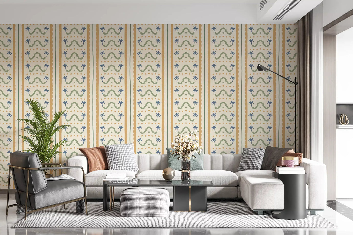 Hand-drawn palms dot a Marrakesh stripe wallpaper, mustard and sage rows on cream.