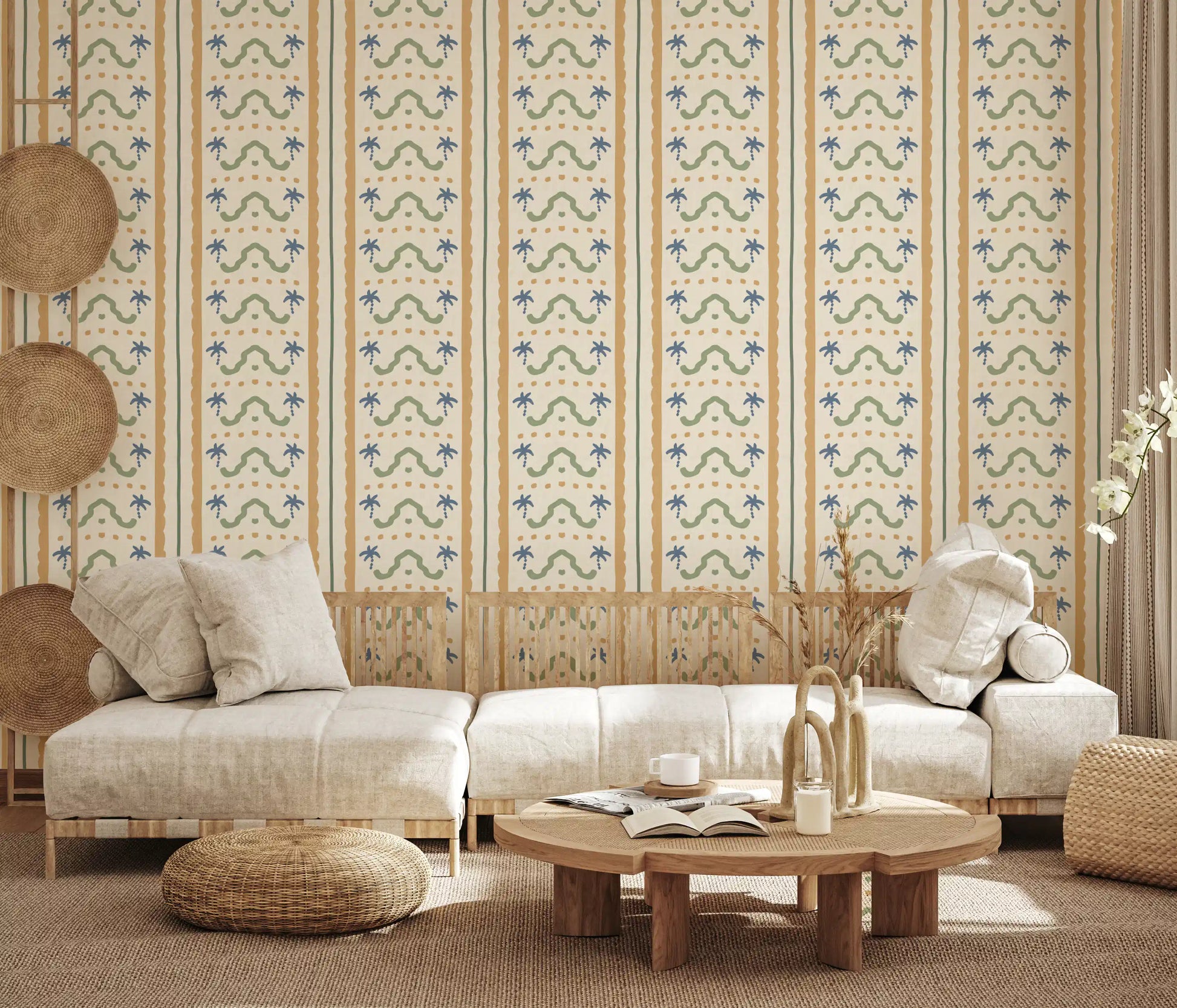 Multicolor Marrakesh ornament wallpaper drawing the eye in a calm living room view.