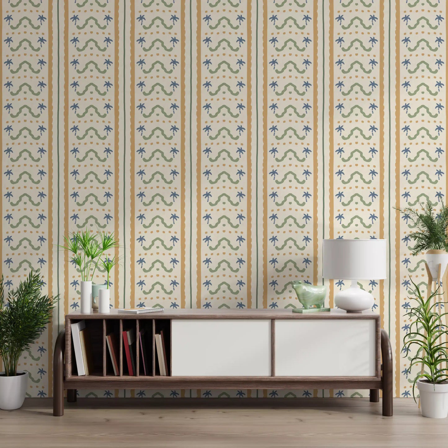 Striped Marrakesh wallpaper layering a Living room with palm and ornament details.