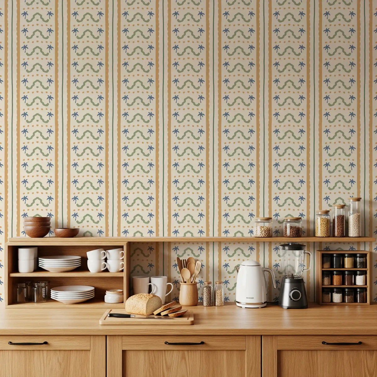 Marrakesh striped wallpaper behind a warm kitchen-dining setup, palm motifs visible., GD9666