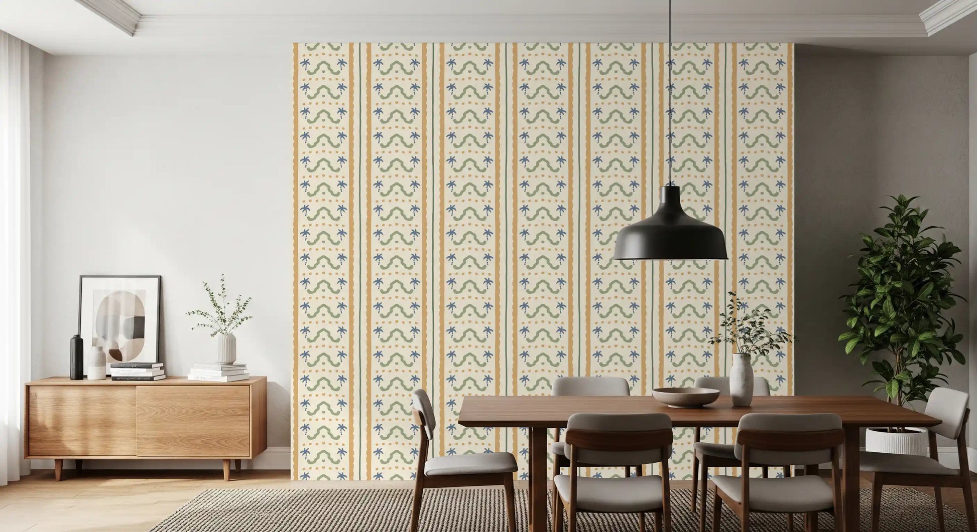 Sage, gold and blue Marrakesh stripes spread across a Dining room  in calm rhythm.