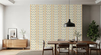 Sage, gold and blue Marrakesh stripes spread across a Dining room  in calm rhythm.