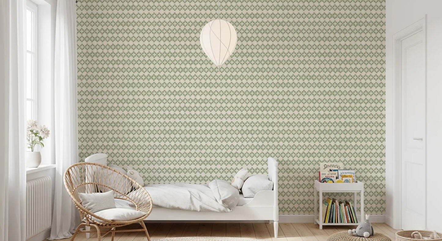 Kids Bedroom corner balanced by coastal green zellige cross wallpaper, calm pattern., GD9667