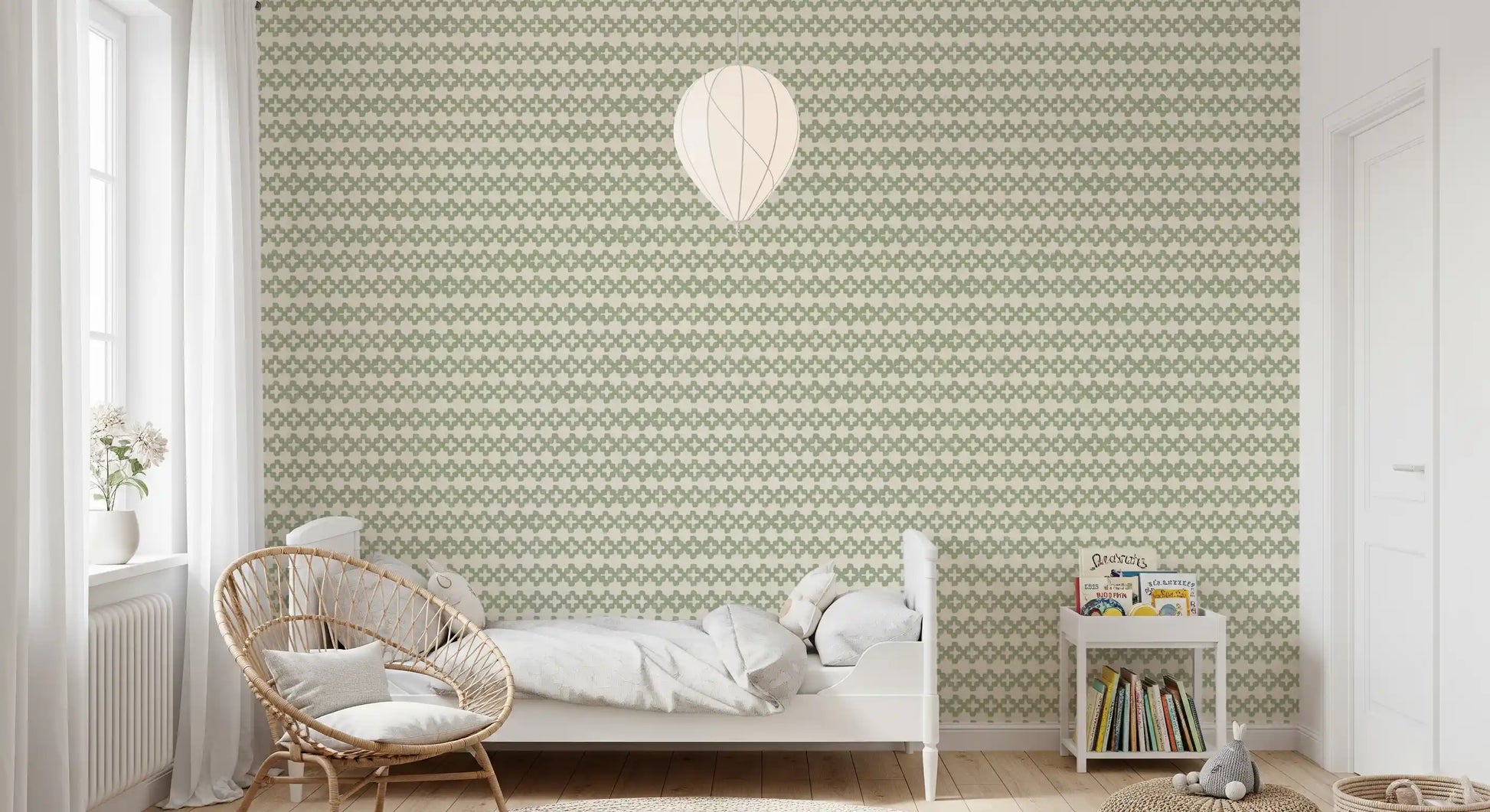 Kids Bedroom corner balanced by coastal green zellige cross wallpaper, calm pattern., GD9667