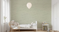 Kids Bedroom corner balanced by coastal green zellige cross wallpaper, calm pattern., GD9667