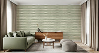 Cross-pattern zellige wallpaper filling a quiet lounge corner in coastal green tones., GD9667