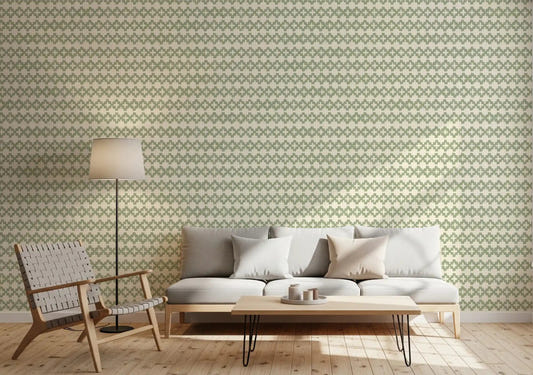 Coastal green zellige cross wallpaper lifting a wide living room view in calm sage.