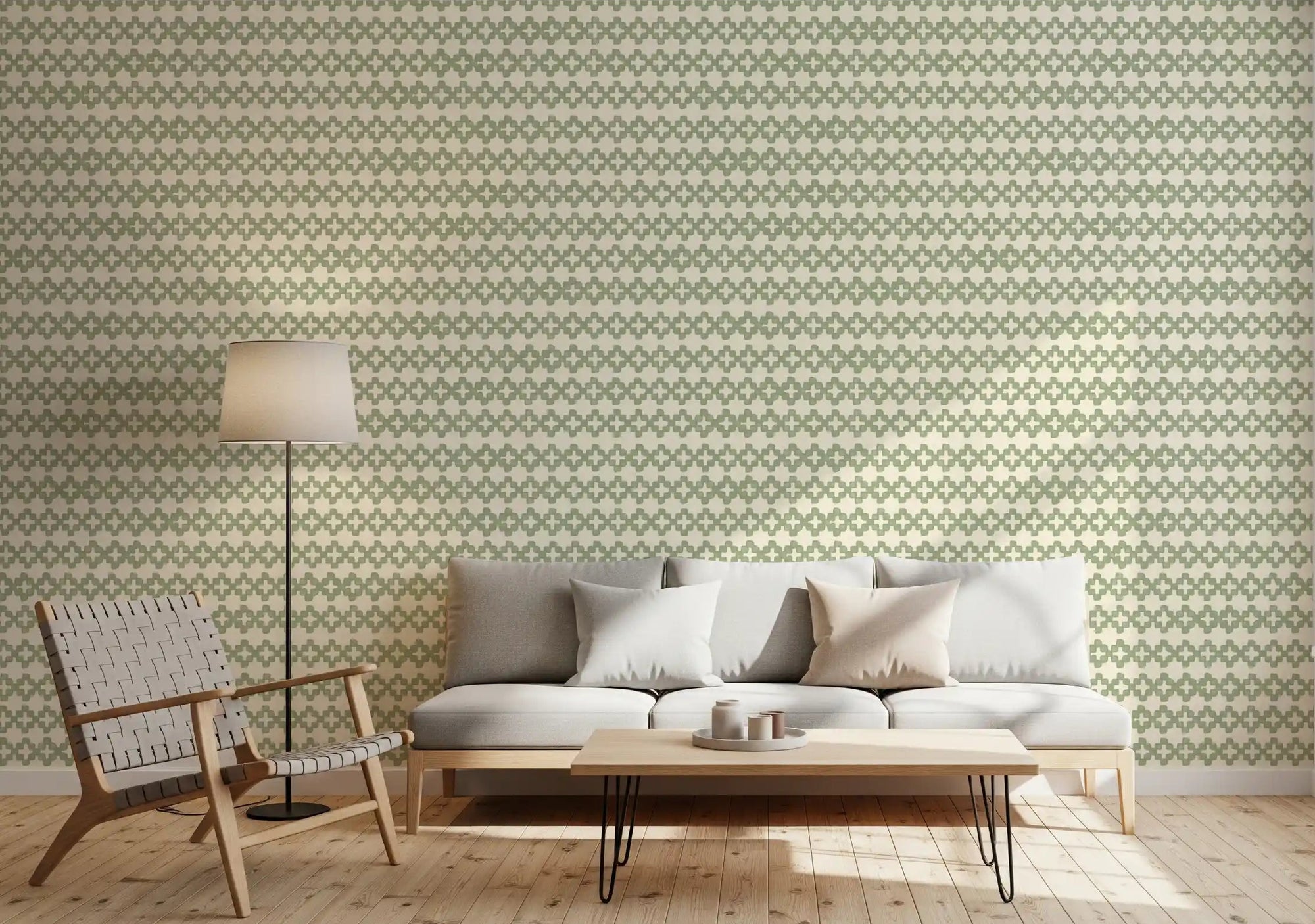 Coastal green zellige cross wallpaper lifting a wide living room view in calm sage., GD9667