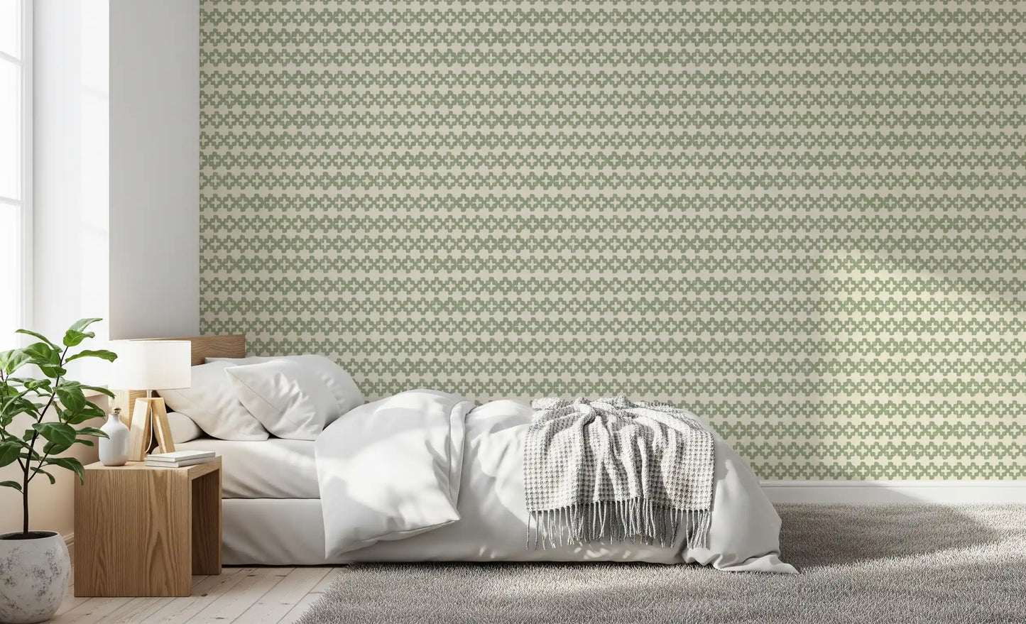 Sage-green ornament rows alternate in this zellige cross wallpaper, cream linen visible., GD9667