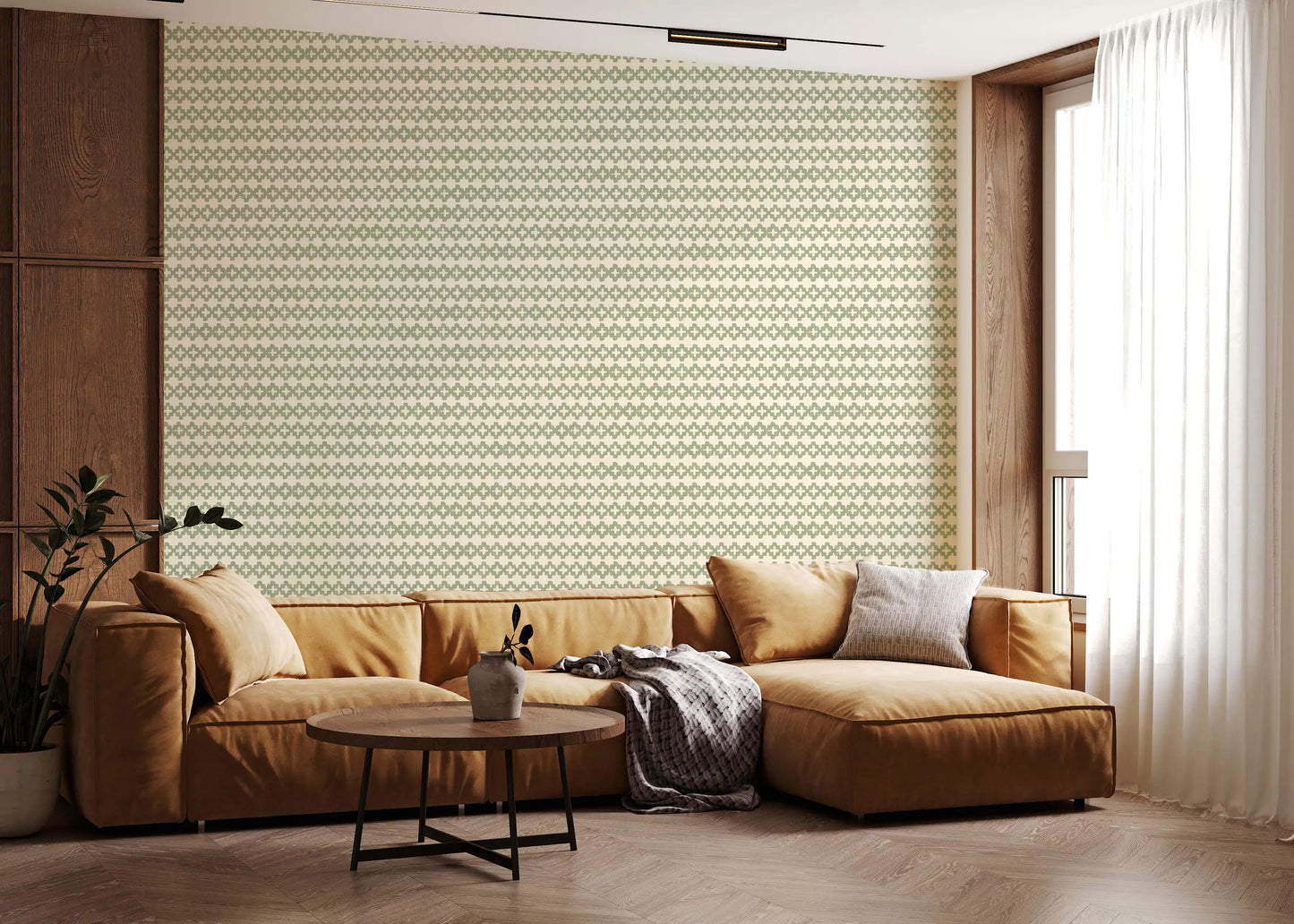 A Living room layout shaped by coastal green zellige cross wallpaper, tidy rhythm., GD9667
