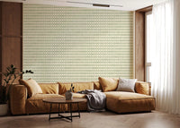 A Living room layout shaped by coastal green zellige cross wallpaper, tidy rhythm., GD9667