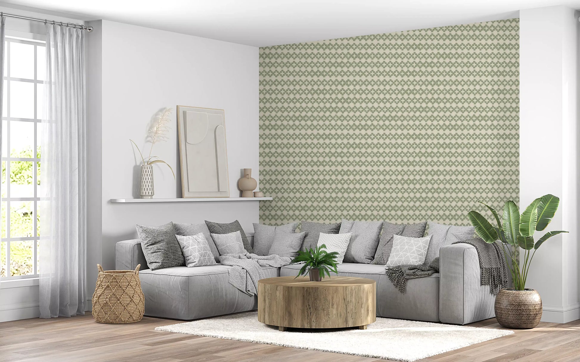 Sage-toned cross zellige wallpaper standing along another living room., GD9667