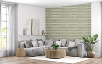 Sage-toned cross zellige wallpaper standing along another living room., GD9667