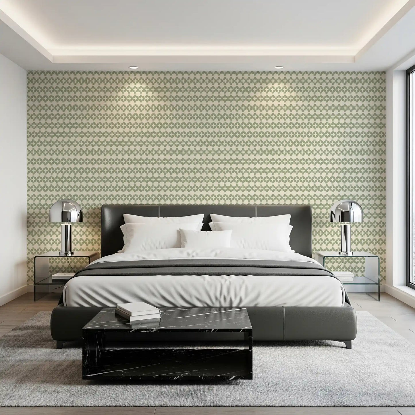 Solid and open cross marks alternate row by row in coastal green zellige wallpaper., GD9667