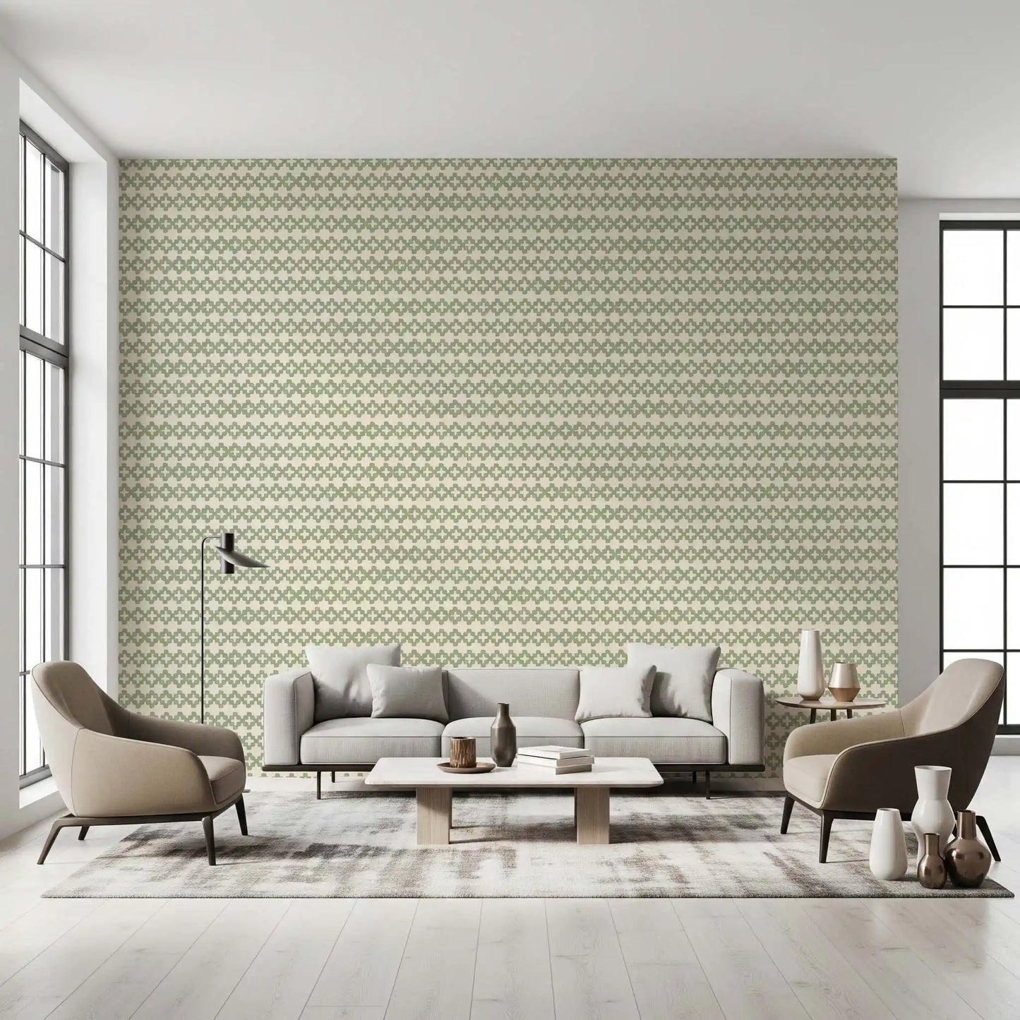Cream-and-sage rows of zellige cross wallpaper wrapping another living room view., GD9667