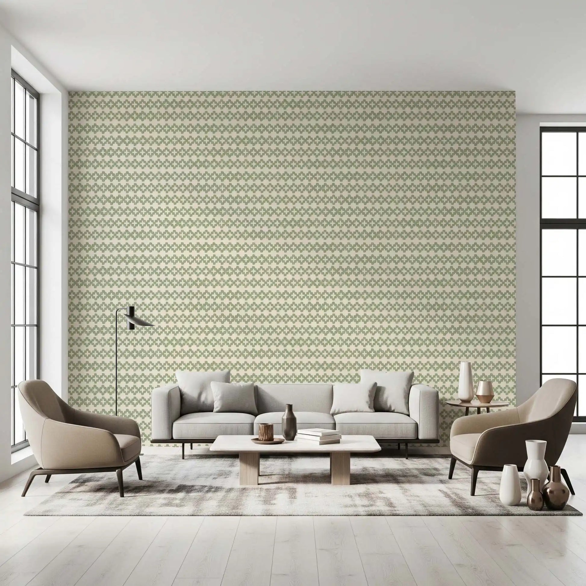 Cream-and-sage rows of zellige cross wallpaper wrapping another living room view., GD9667