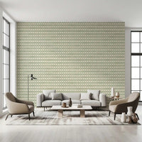 Cream-and-sage rows of zellige cross wallpaper wrapping another living room view., GD9667