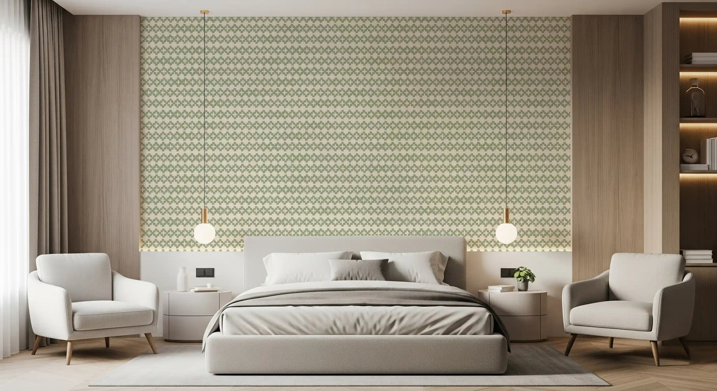 Two-toned crosses repeating across coastal green zellige wallpaper, row rhythm., GD9667