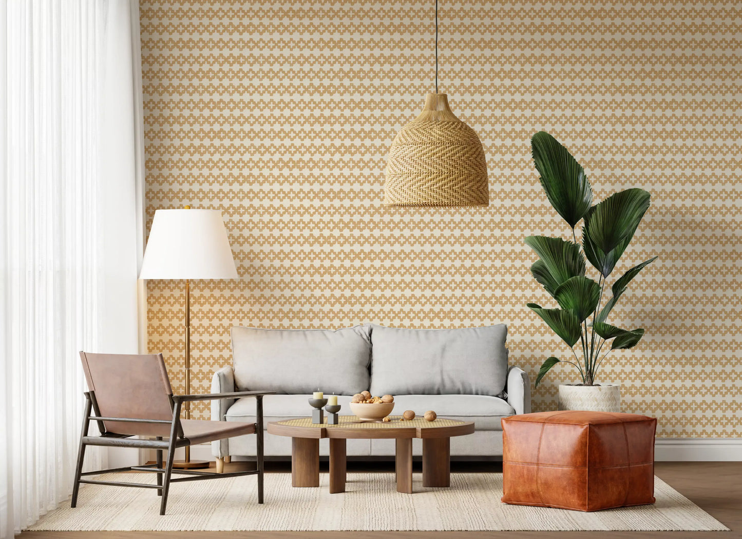Stamped cross rows of sand zellige wallpaper covering another living room angle.