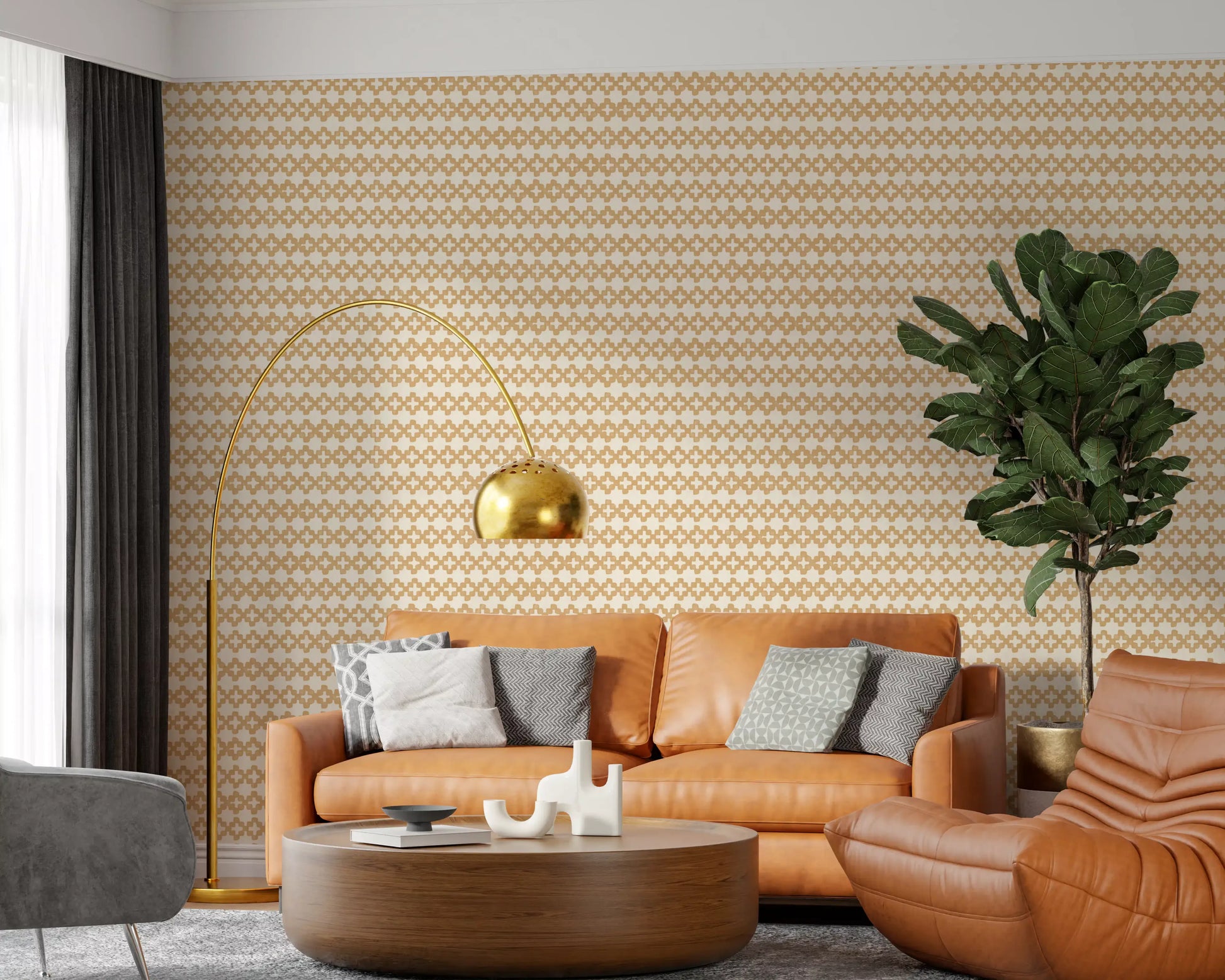 Mediterranean lounge corner with warm sand zellige cross wallpaper as the lead surface.