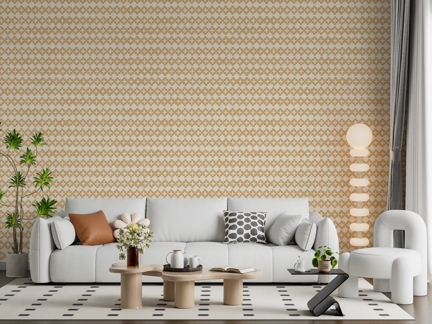 Tucked Living room corner with warm sand zellige cross wallpaper showing tile-row repeats.