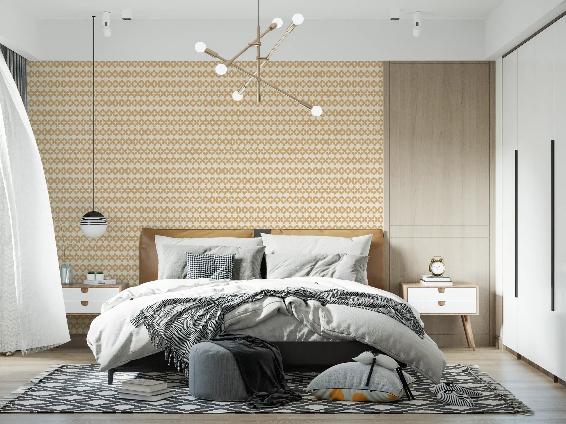 Tile-pattern zellige cross wallpaper marking one wall of a Bedroom in warm sand.
