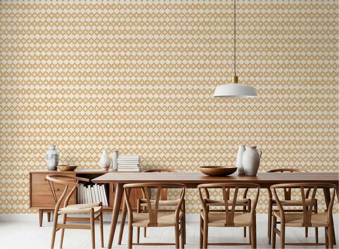 Warm dining room view backed by sand zellige cross wallpaper across rows.