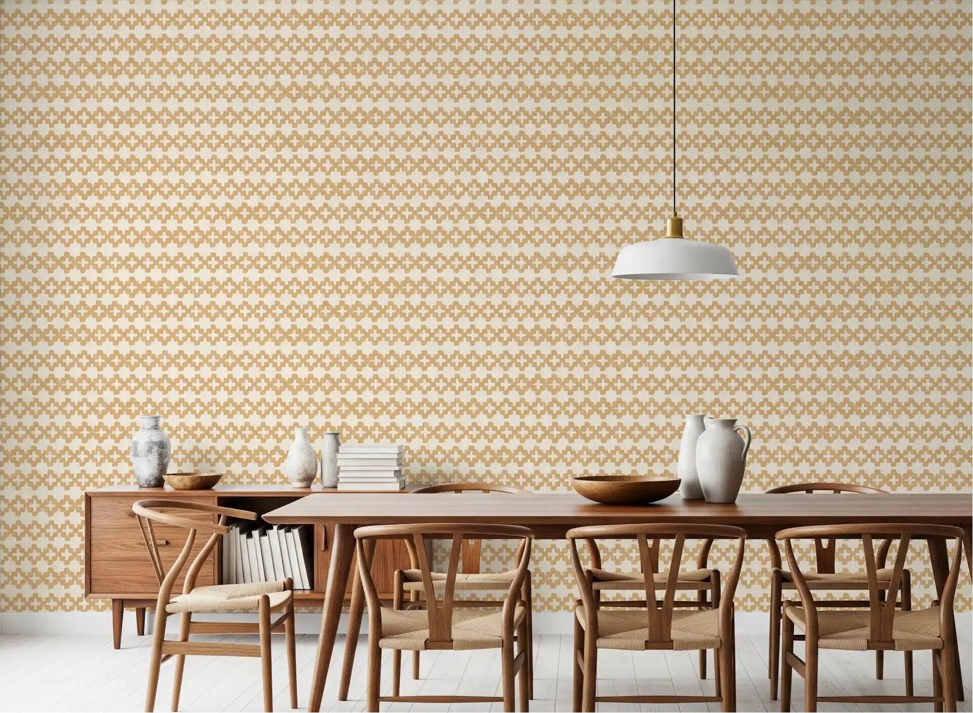 Warm dining room view backed by sand zellige cross wallpaper across rows.